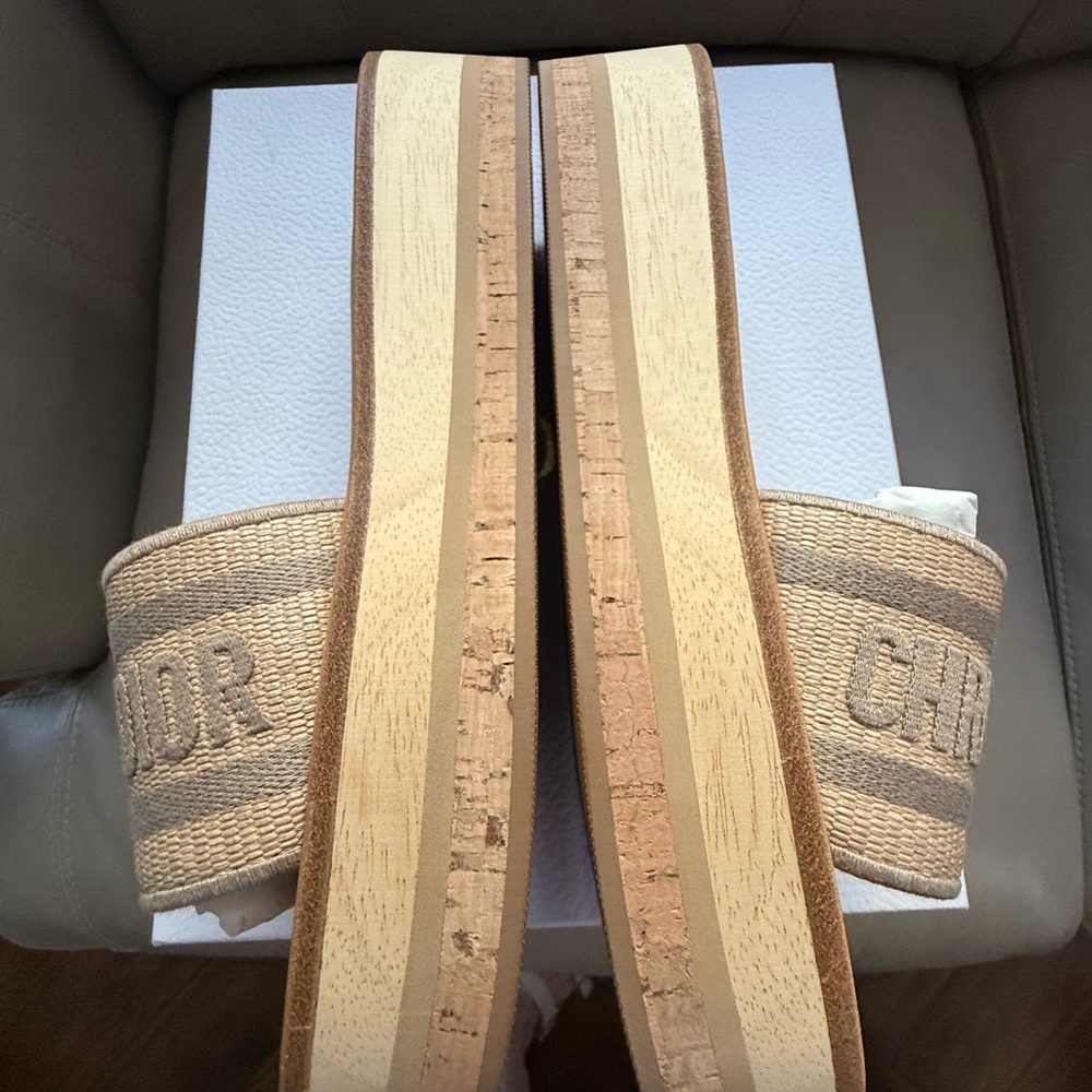 Dior Beige Tan Embroidered Logo Slide Sandals - Picture 6 of 7
